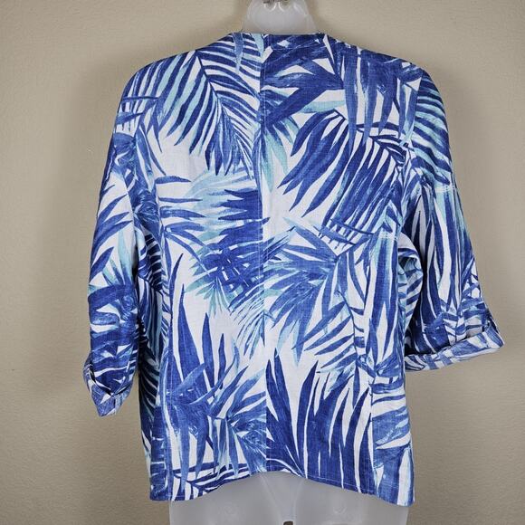 Chicos 2 Linen Open Blazer Jacket Roll Tab Sleeve White Blue Tropical Womens L - Picture 3 of 12